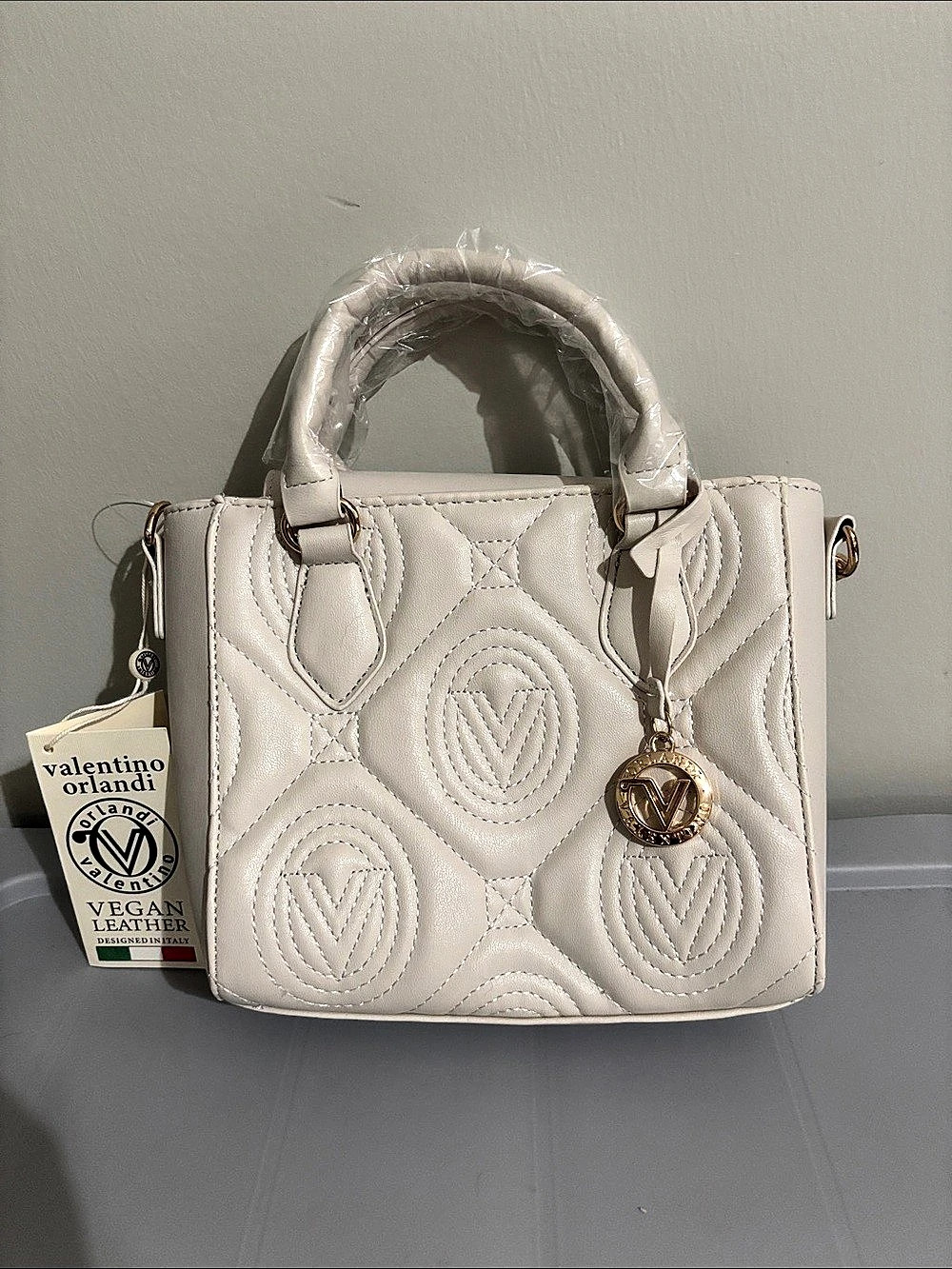 Valentino Orlandi satchel with crossbody strap, bone color, quilted, NWT